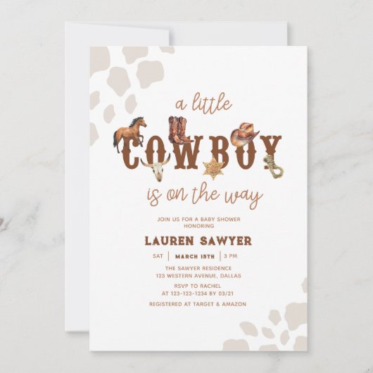 水彩西カウボーイフォト男の赤ちゃんシャワー 招待状 (正面)