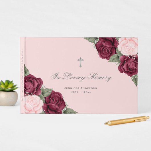 水彩記念赤ピンクフローラ葬儀 ゲストブック (インサイチュディスプレイ)