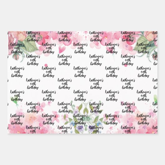 水彩誕生日かわいらしフローラスクリプト名 ラッピングペーパーシート (正面2)