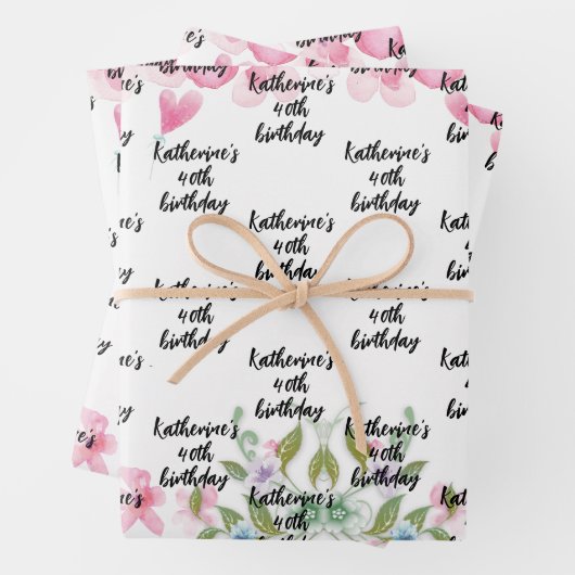 水彩誕生日かわいらしフローラスクリプト名 ラッピングペーパーシート (インサイチュ)