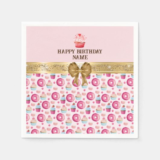 水彩誕生日カップケーキ、ドーナツ、マカロン スタンダードカクテルナプキン (正面)