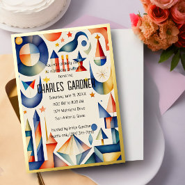 水彩誕生日カラフル抽象芸術キュービスト 箔招待状
