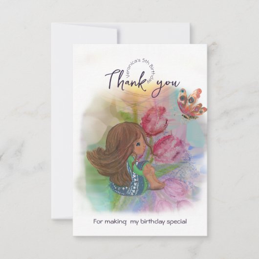 水彩誕生日ガールバタフライ サンキューカード (正面)