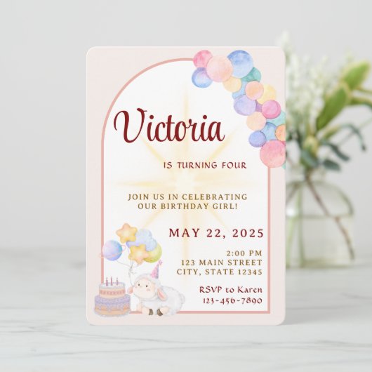 水彩誕生日ガールパーティの招待状 招待状 (スタンド正面)