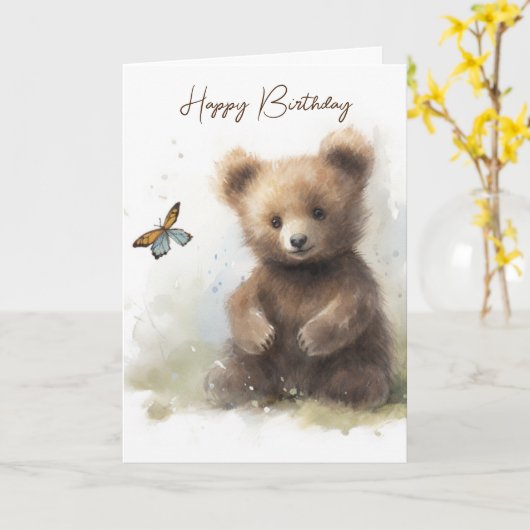 水彩誕生日クマと蝶 カード (黄色い花)