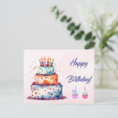 水彩誕生日ケーキとキャンドル ポストカード (スタンド正面)