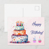 水彩誕生日ケーキとキャンドル ポストカード (正面/裏面)