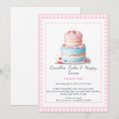 水彩誕生日ケーキ招待状 – ピンクとブルー 招待状 (正面/裏面)