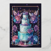 水彩誕生日ネイビーブルーパープルターコイズ 箔招待状 (正面)