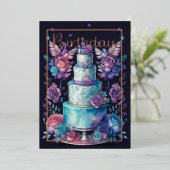 水彩誕生日ネイビーブルーパープルターコイズ 箔招待状 (立ち正面)