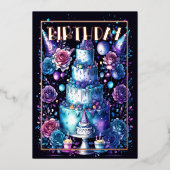 水彩誕生日ネイビーブルーパープルターコイズ 箔招待状 (正面)