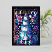 水彩誕生日ネイビーブルーパープルターコイズ 箔招待状 (立ち正面)