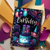 水彩誕生日ネイビーブルーパープルターコイズ 箔招待状