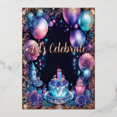 水彩誕生日ネイビーブルーパープルターコイズ 箔招待状 (正面)