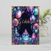 水彩誕生日ネイビーブルーパープルターコイズ 箔招待状 (立ち正面)