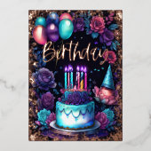 水彩誕生日ネイビーブルーパープルターコイズ 箔招待状 (正面)