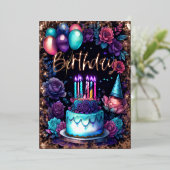 水彩誕生日ネイビーブルーパープルターコイズ 箔招待状 (立ち正面)