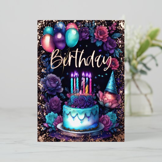 水彩誕生日ネイビーブルーパープルターコイズ 箔招待状 (立ち正面)