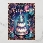 水彩誕生日ネイビーブルーパープルターコイズ 箔招待状 (正面)