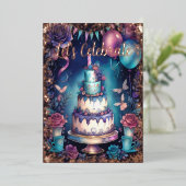 水彩誕生日ネイビーブルーパープルターコイズ 箔招待状 (立ち正面)