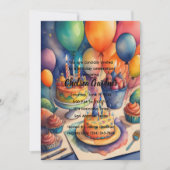 水彩誕生日バルーンカラフルケーキ 招待状 (正面)