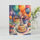 水彩誕生日バルーンカラフルケーキ 招待状 (スタンド正面)
