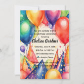 水彩誕生日バルーンカラフルパーティー帽子 招待状 (正面)