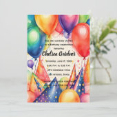 水彩誕生日バルーンカラフルパーティー帽子 招待状 (スタンド正面)