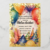 水彩誕生日バルーンカラフルパーティー帽子 箔招待状 (正面)