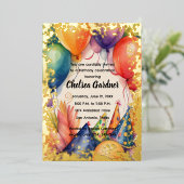 水彩誕生日バルーンカラフルパーティー帽子 箔招待状 (立ち正面)