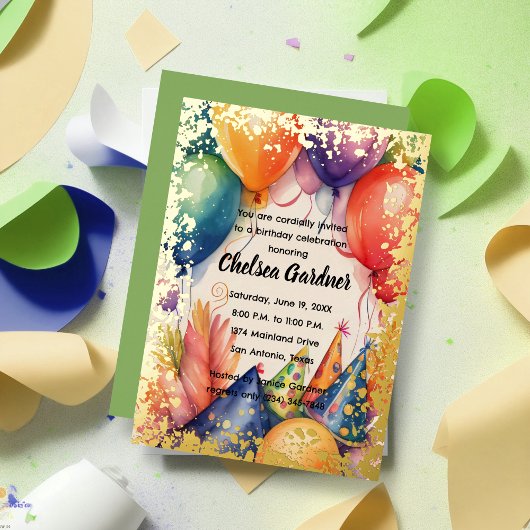 水彩誕生日バルーンカラフルパーティー帽子 箔招待状