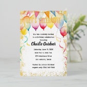 水彩誕生日バルーンカラフル 箔招待状 (立ち正面)