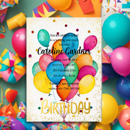 水彩誕生日バルーンカラフル 箔招待状
