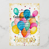 水彩誕生日バルーンカラフル 箔招待状 (正面)