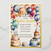 水彩誕生日バルーンケーキカラフル 箔招待状 (正面)
