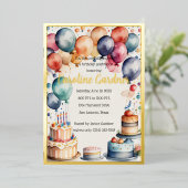 水彩誕生日バルーンケーキカラフル 箔招待状 (立ち正面)