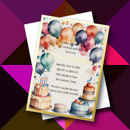 水彩誕生日バルーンケーキカラフル 箔招待状