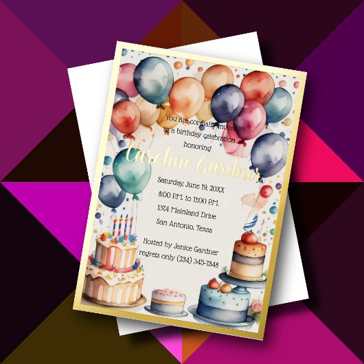 水彩誕生日バルーンケーキカラフル 箔招待状