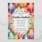 水彩誕生日バルーンフローラ カラフル 箔招待状 (正面)