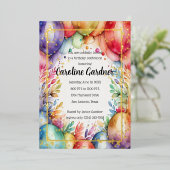 水彩誕生日バルーンフローラ カラフル 箔招待状 (立ち正面)