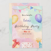 水彩誕生日パーティーの招待状 セーブザデート (正面/裏面)