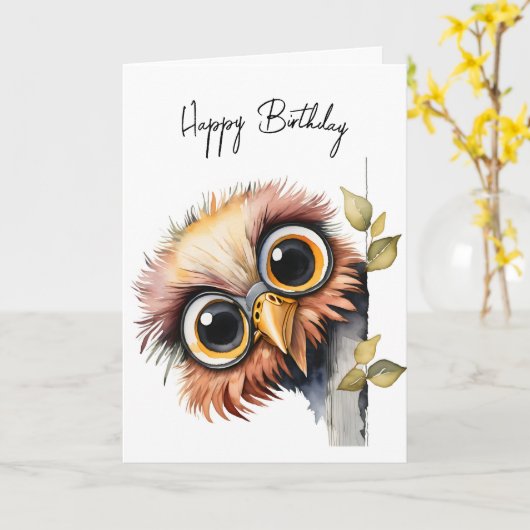 水彩誕生日フクロウ カード (黄色い花)