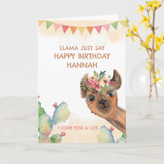 水彩誕生日ラマ カード (黄色い花)
