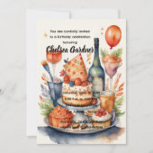 水彩誕生日ワインケーキ食品 招待状 (正面)