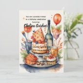 水彩誕生日ワインケーキ食品 招待状 (スタンド正面)