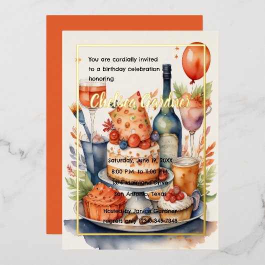 水彩誕生日ワインケーキ食品 箔招待状 (正面/裏面)