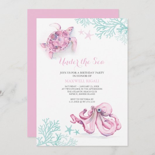 水彩誕生日招待状アンダーザシーズ 招待状 (正面/裏面)