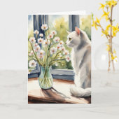 水彩誕生日猫とデイジー カード (黄色い花)