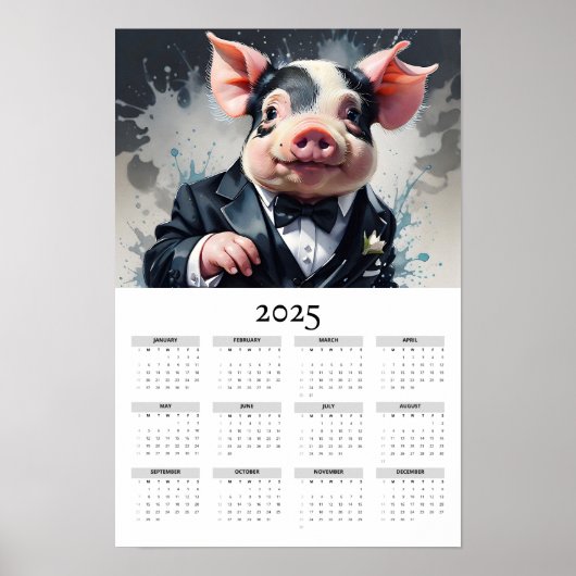 水彩豚タキシード弓タイ2025壁カレンダー ポスター (正面)