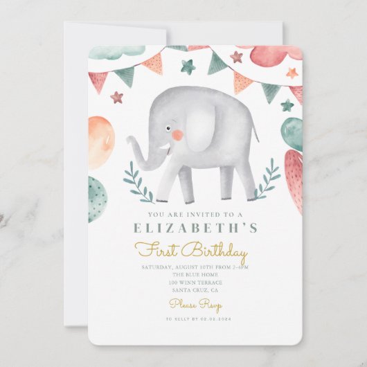 水彩象かわいいバロン1st誕生日 招待状 (正面)